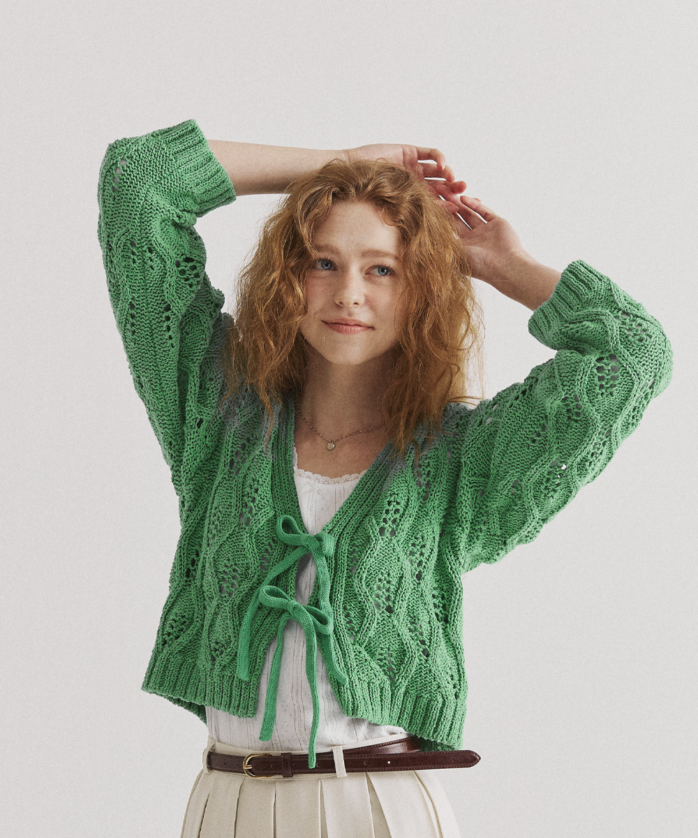 [CARRY OVER]  COTTON 100 LEAF_SHAPED CARDIGAN [ IVORY, GREEN ]